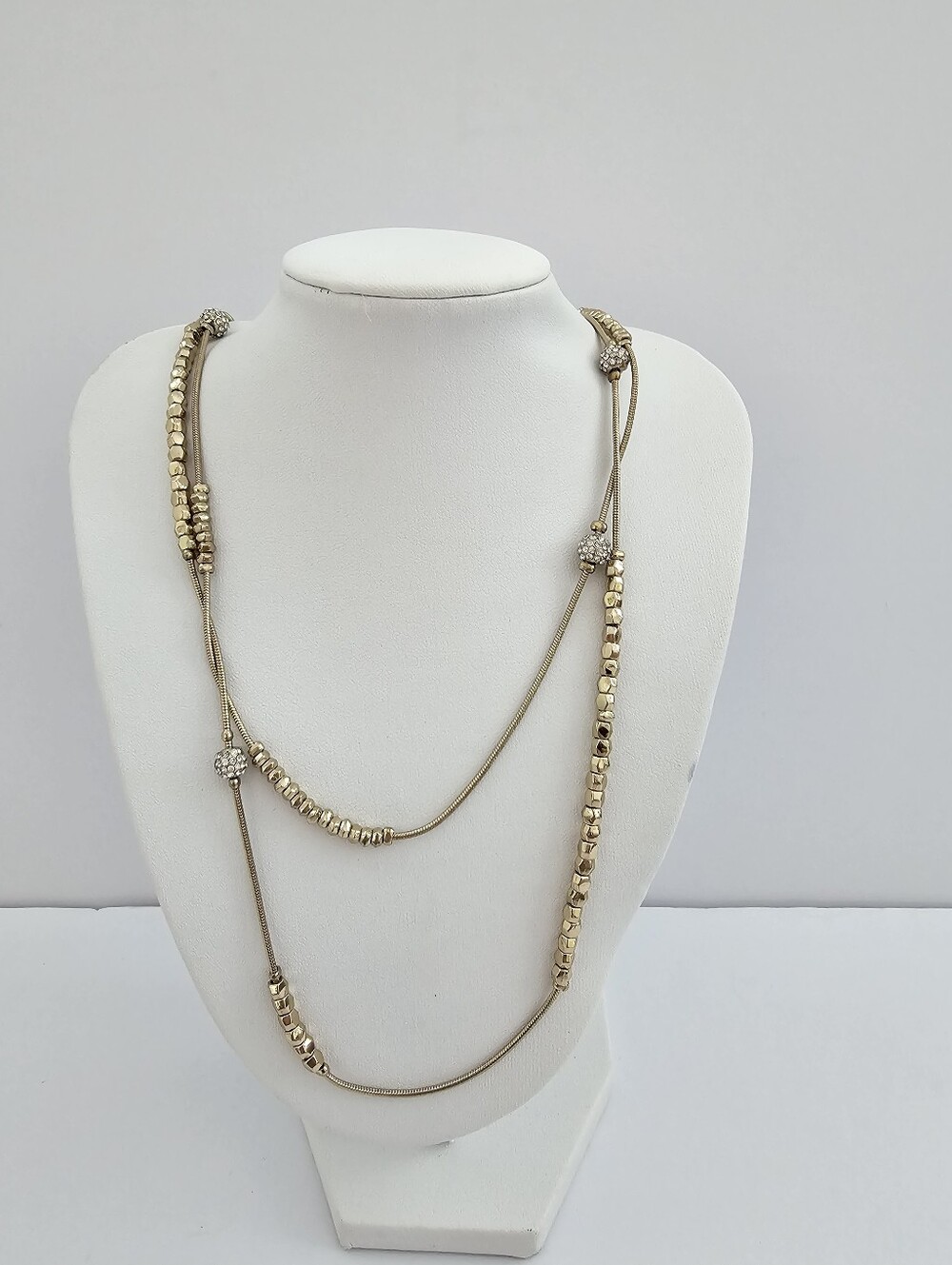 Chico's Gold Tone Layered Snake Chain Rhinestone Rondelle Station Necklace
